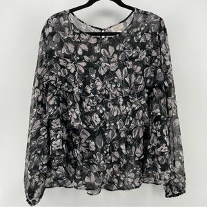 Loft Black Floral Sheer Ruffle Blouse XL